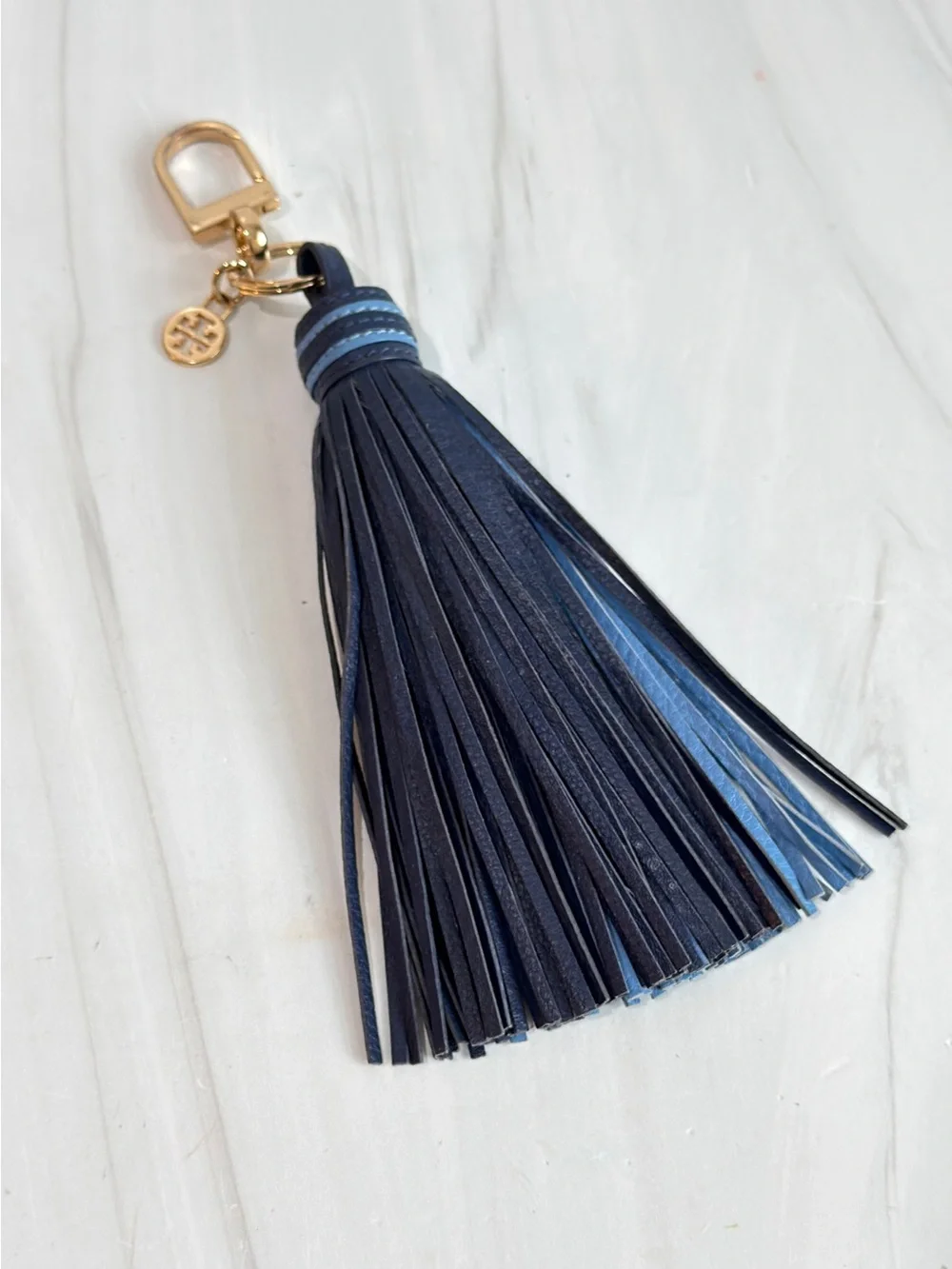 TORY BURCH LEATHER TWO TONE BLUE LIGHT BLUE KEY FOB PURSE CHARM TASSEL